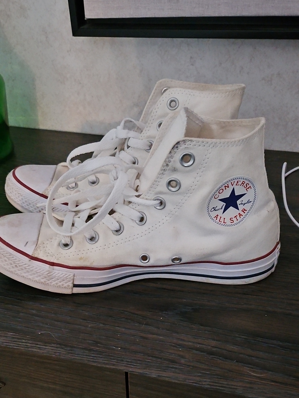 Converse White High Top Sneakers with Red & Blue Trim